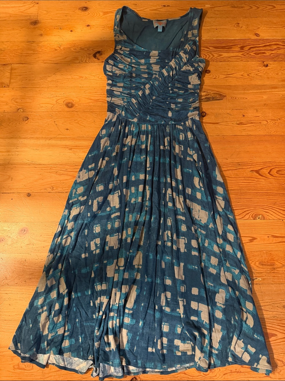 Anthropologie Plenty by Tracy Reese Teal & Cream Ruched Midi Dress
